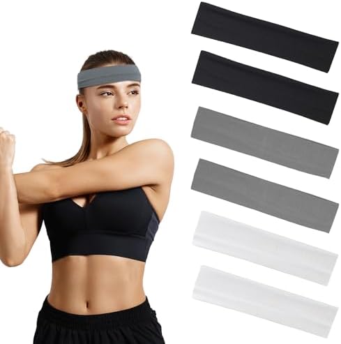 XOKL 6 Pcs Sports Headband Yoga Headband Elastic Headbands Sweat Bands Mix Colour Elastic Headbands for Women Man-Black/White/Gray