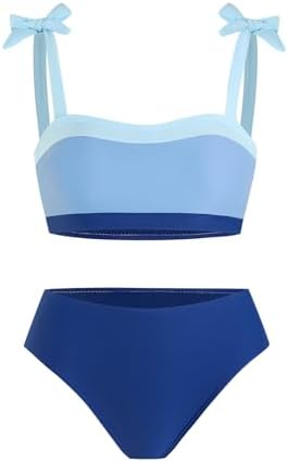 Xumplo Girls Swimming Costume Kids 2 Piece Bikinis Set Teens Stripe Bathing Suit Color Block Swimwear Age 7-14