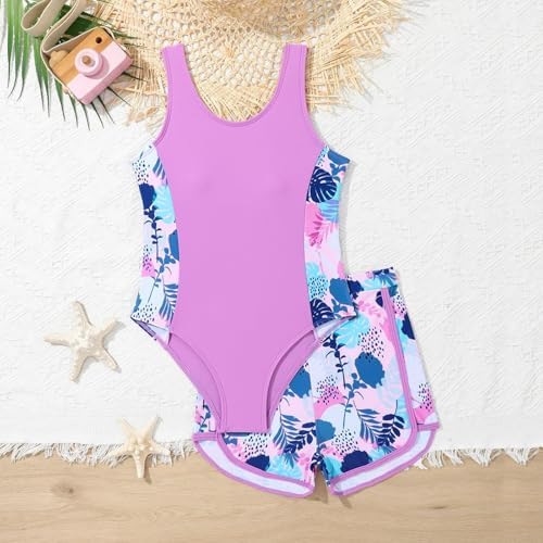 Xumplo Girls Swimming Costume Tween Girl One Piece Swimsuit With Shorts Young Girls Floral Swimwear Bathing Suit