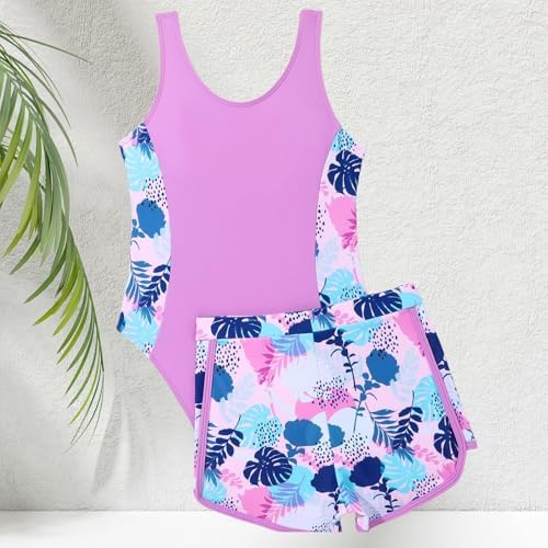 Xumplo Girls Swimming Costume Tween Girl One Piece Swimsuit With Shorts Young Girls Floral Swimwear Bathing Suit