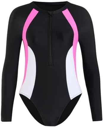 Xumplo Swimming Costume Girls One Piece Long Sleeve Swimsuits Teens Color Block Zipper Swimwear Kids Bathing Suit