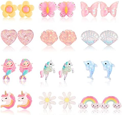 YADOCA 12 Pairs Kids Clip On Earrings for Girls Bling Butterfly Dolphins Rainbow Flower Heart Earring No Pierced Girls Earrings Dress Up Jewelry Set for Kids