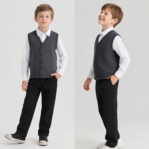 Yanmucy Boys Girls Knitted Vest V-Neck Sleeveless Knitwear Sweater School Uniform Matching Shirt Jumper Cardigan For Kids Aged 5-14 Years