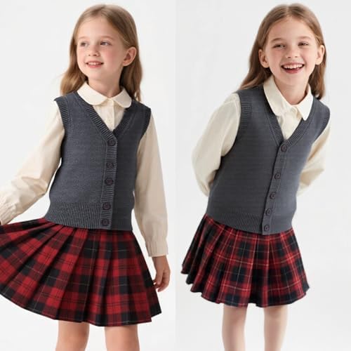 Yanmucy Boys Girls Knitted Vest V-Neck Sleeveless Knitwear Sweater School Uniform Matching Shirt Jumper Cardigan For Kids Aged 5-14 Years