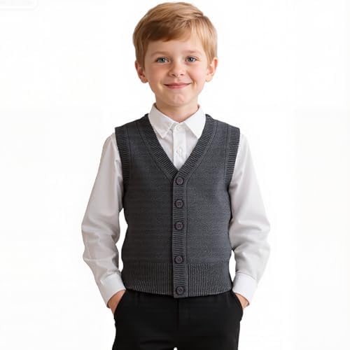 Yanmucy Boys Girls Knitted Vest V-Neck Sleeveless Knitwear Sweater School Uniform Matching Shirt Jumper Cardigan for Kids Aged 5-14 Years