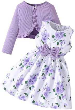 Yanmucy Little Girls Dresses with Cardigan Sets 2PCS Baby Girls Floral Dresses Kids Long Sleeve Coat Clothes for 2-12 Years