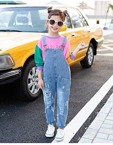 Yao 3-14Years Girls Jumpsuit&Rompers Big Kid Bib Overalls Blue Adjustable Belts Denim Color Changeable Sequin Pants