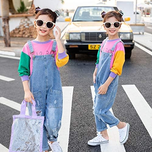 Yao 3-14Years Girls Jumpsuit&Rompers Big Kid Bib Overalls Blue Adjustable Belts Denim Color Changeable Sequin Pants