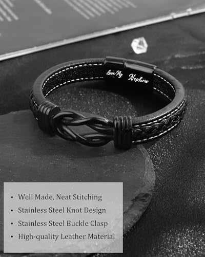 YELUWA Gifts For Son Grandson Nephew Dad Uncle Brother Boyfriend Engraved Leather Bracelet For Nephew Grandson Son Dad Uncle 30-90th Birthday Gifts For Men 18th Teenage Boy