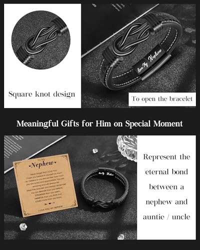YELUWA Gifts For Son Grandson Nephew Dad Uncle Brother Boyfriend Engraved Leather Bracelet For Nephew Grandson Son Dad Uncle 30-90th Birthday Gifts For Men 18th Teenage Boy