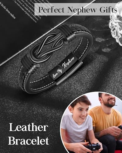 YELUWA Gifts For Son Grandson Nephew Dad Uncle Brother Boyfriend Engraved Leather Bracelet For Nephew Grandson Son Dad Uncle 30-90th Birthday Gifts For Men 18th Teenage Boy