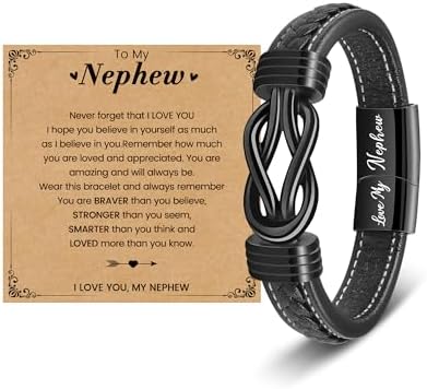 YELUWA Gifts for Son Grandson Nephew Dad Uncle Brother Boyfriend Engraved Leather Bracelet for Nephew Grandson Son Dad Uncle 30-90th Birthday Gifts for Men 18th Teenage Boy