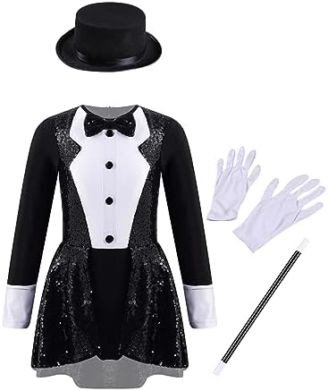 Yhong Little Girls Magician Costume with Magic Accessories Magic Wand Gloves Hat Leotard Set