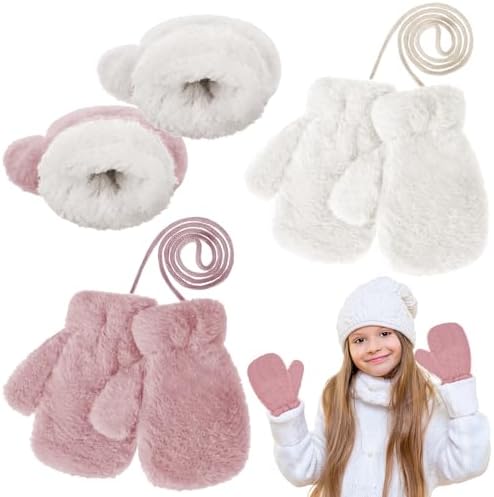 Yimomoyi 2 Pairs Winter Mittens Warm Magic Stretch Gloves Thick Fleece Padded Thermal Gloves with Anti-Lost String for Kids Birthday Christmas Gifts for Boys and Gir Age 3-8