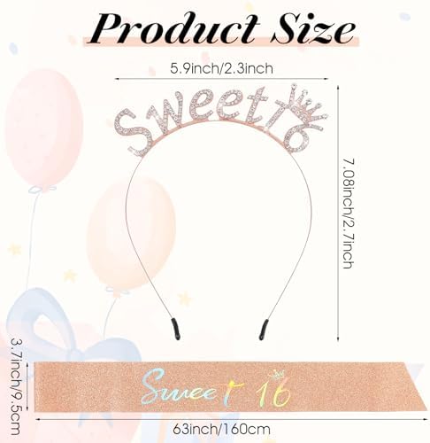 Ymapinc Sweet 16 Tiara And Sash For Girls Rose Gold Glitter Rhinestone Tiara + Customizable Velvet Sash 16th Birthday Party Decorations For Girls Teen Gifts Quinceanera Alternative