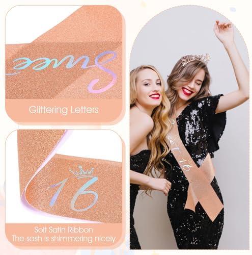 Ymapinc Sweet 16 Tiara And Sash For Girls Rose Gold Glitter Rhinestone Tiara + Customizable Velvet Sash 16th Birthday Party Decorations For Girls Teen Gifts Quinceanera Alternative