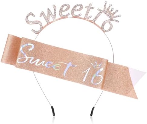 Ymapinc Sweet 16 Tiara and Sash for Girls Rose Gold Glitter Rhinestone Tiara + Customizable Velvet Sash 16th Birthday Party Decorations for Girls Teen Gifts Quinceanera Alternative