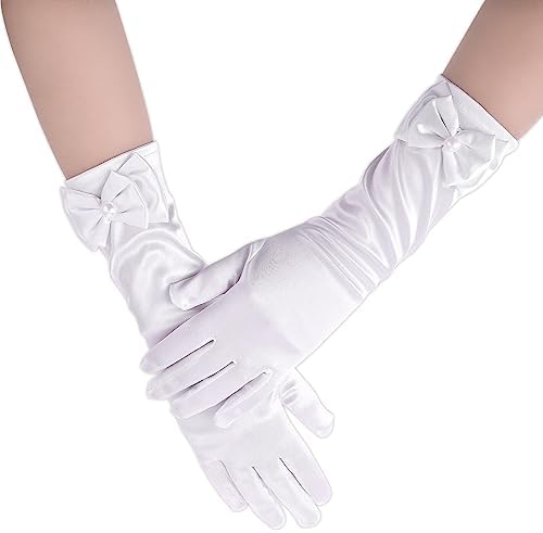 Yolev Girls Long White Gloves Princess Bow Pearl Satin Gloves Wedding for for Wedding Flower Girl Princess Dress Up Halloween Party Birthday Costume Accessories