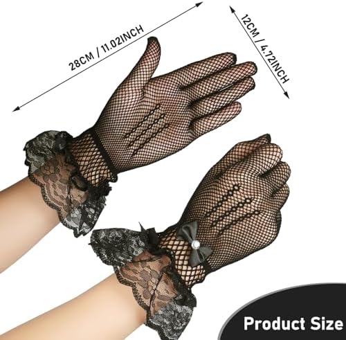 Yolev Short Fishnet Gloves Black Gloves With Bow And Lace Trim Elegant Tea Party Glove For Dinner Party Costume Opera Prom Halloween