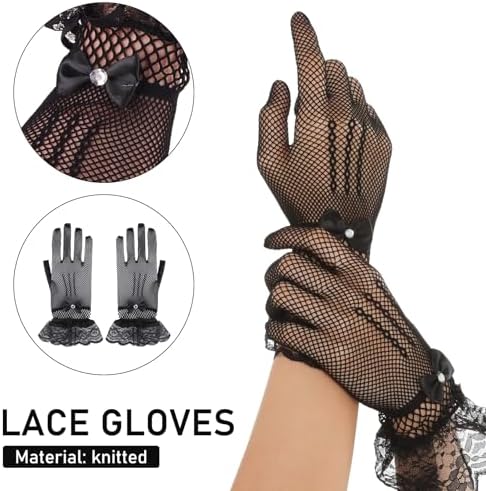 Yolev Short Fishnet Gloves Black Gloves With Bow And Lace Trim Elegant Tea Party Glove For Dinner Party Costume Opera Prom Halloween