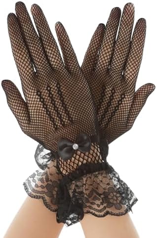 Yolev Short Fishnet Gloves Black Gloves with Bow and Lace trim Elegant Tea Party Glove for Dinner Party Costume Opera Prom Halloween