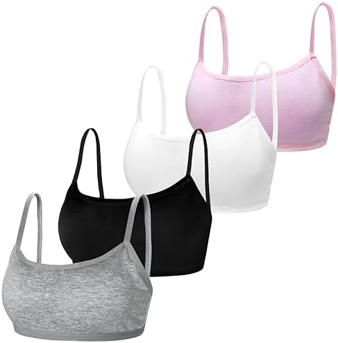 Young Girls Bras Cotton Teenage Underwear Removable Chest Pad Sports Training Bra Crop Tops for 7-12 Years Girls- 4 Pieces/4 Set