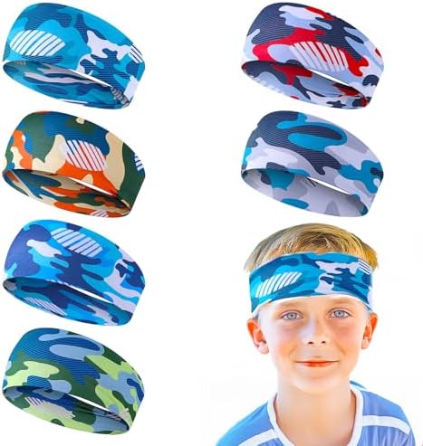 Yuanchu Kids Sports Headbands 6Pces Breathable Boys Soccer Sweatbands Non-slip Elastic Headband Moisture Wicking Sweat Band for Basketball Baseball