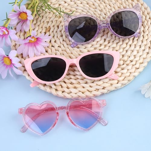 Yuio 3Pcs Kids Sunglasses Cute Girls Heart Shaped Cat Eye Shape Sunglasses Set UV 400 Protection Flexible Frame Childrens Sun Glasses For Boys Outdoor Beach Holiday Cute Eyewear Party Accessories