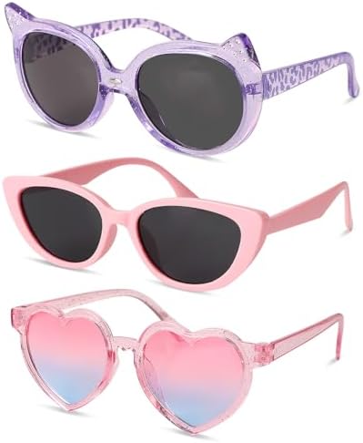 Yuio 3Pcs Kids Sunglasses Cute Girls Heart Shaped Cat Eye Shape Sunglasses Set UV 400 Protection Flexible Frame Childrens Sun Glasses for Boys Outdoor Beach Holiday Cute Eyewear Party Accessories