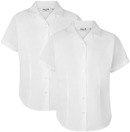 ZECO (2 Pack) Girls Slim Fit Short Sleeve Revere Collar School Blouses (4-16+ Years)