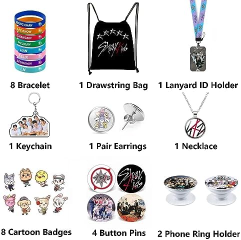 ZHENGGE Kpop Stray Kids Gifts Set Including Drawstring Bag Backpack Necklace Earrings Bracelets Button Pins Lanyard ID Holder Keychain Phone Ring Holder Cartoon Badge