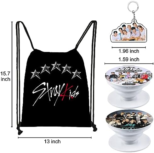 ZHENGGE Kpop Stray Kids Gifts Set Including Drawstring Bag Backpack Necklace Earrings Bracelets Button Pins Lanyard ID Holder Keychain Phone Ring Holder Cartoon Badge