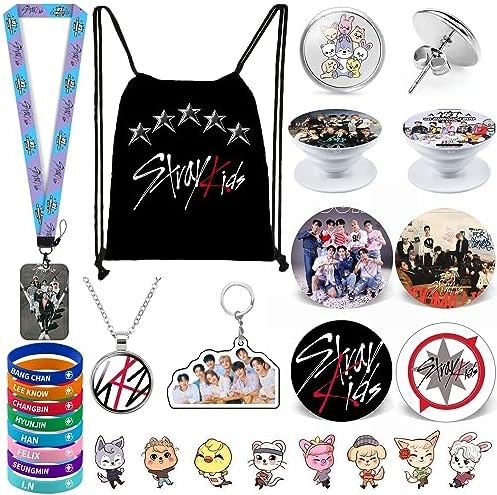 ZHENGGE Kpop Stray Kids Gifts Set Including Drawstring Bag Backpack Necklace Earrings Bracelets Button Pins Lanyard ID Holder Keychain Phone Ring Holder Cartoon Badge