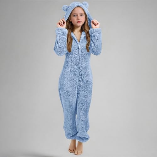 ZJADear Kids Fleece Onesie Pajamas Jumpsuit - Girls Hooded Fuzzy Warm Sherpa Rompers Winter Casual Zip Up Cute Ear Long Sleeve One Piece Sleepwear Jumper