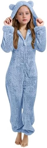 ZJADear Kids Fleece Onesie Pajamas Jumpsuit - Girls Hooded Fuzzy Warm Sherpa Rompers Winter Casual Zip Up Cute Ear Long Sleeve One Piece Sleepwear Jumper
