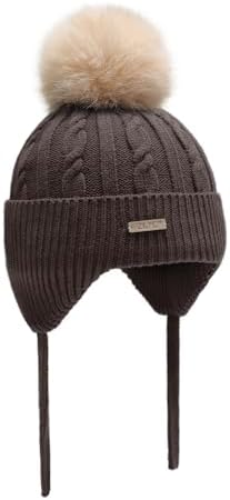 ZLYC Kids Girls Boys Winter Hats Cotton Lined Pom Pom Beanie Earflap Knitted Cap