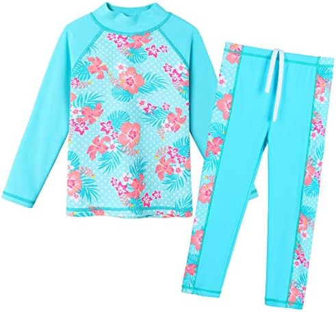 ZNYUNE Girls 2PCS Leaves Printed Swimwear Long Sleeve Swimsuit Set Kids Bathing Suit Swimming Costume for Age 3 to 10 Years