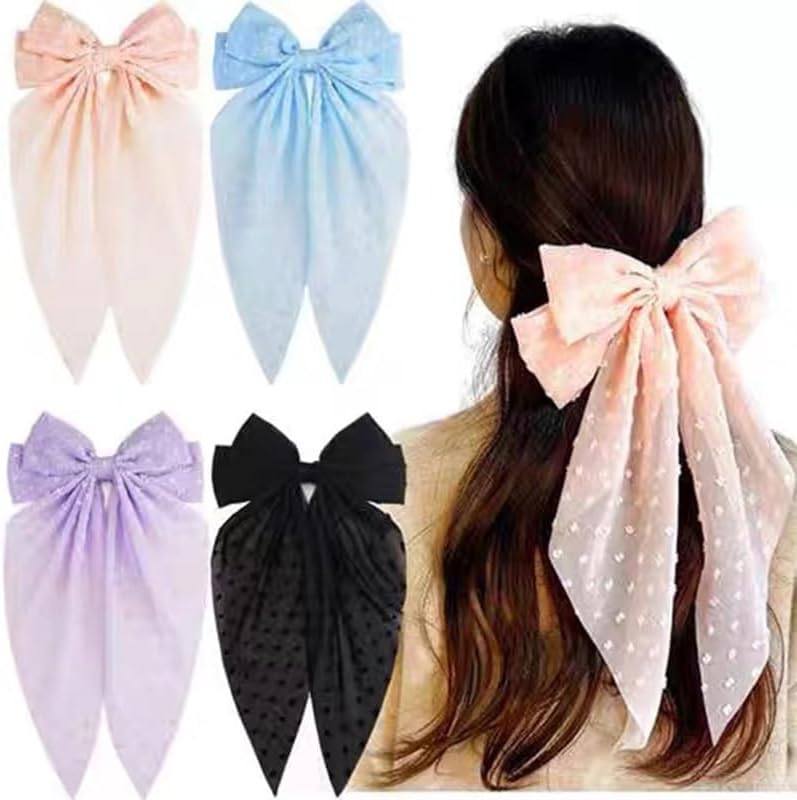 ZOONAI 8 Inches Big Tulle Layered Hair Clip For Women Girls Large Long Bow Hair Clip Bowknot Hairpin Hair Accessories (Black One Size)