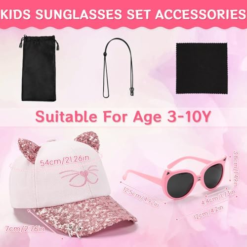 Zouwel Kids Sunglasses Girls 3-10 Years Girls Baseball Summer Cap & Kids Sunglasses Cute Cat Ear Hat With Sparkling Sequins