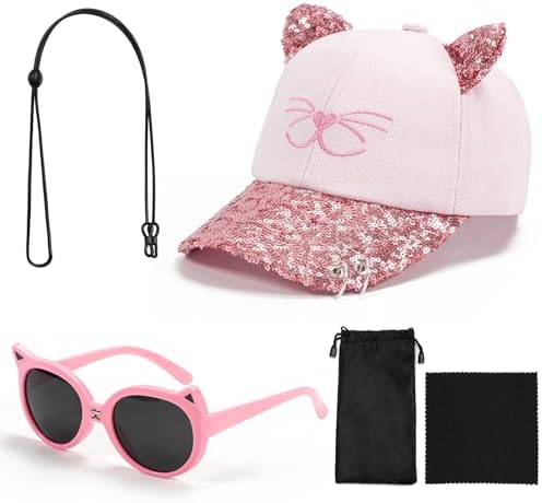Zouwel Kids Sunglasses Girls 3-10 Years Girls Baseball Summer Cap & Kids Sunglasses Cute Cat Ear Hat with Sparkling Sequins