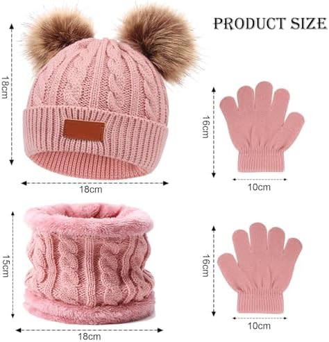 ZSTNPP 3 PCS Kids Winter Warm Beanie Hat Scarf Gloves Set Thermal Knit Crochet Thick Fluffy Toddler Scarf Double Pom Pom Bobble Hat With Faux Fur For Girls Boys Children Toddler Aged 3-8 Years Old