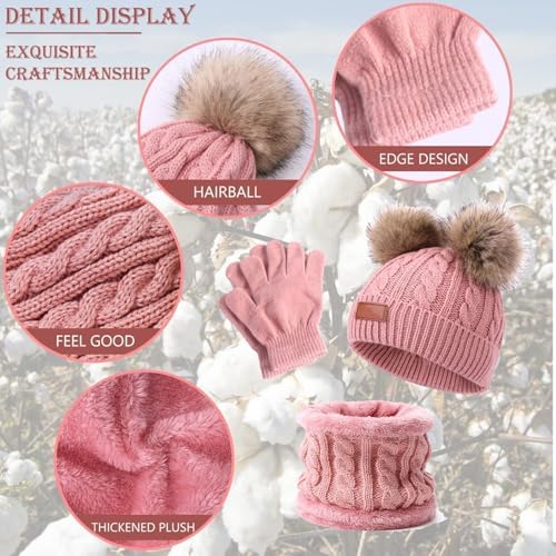 ZSTNPP 3 PCS Kids Winter Warm Beanie Hat Scarf Gloves Set Thermal Knit Crochet Thick Fluffy Toddler Scarf Double Pom Pom Bobble Hat With Faux Fur For Girls Boys Children Toddler Aged 3-8 Years Old