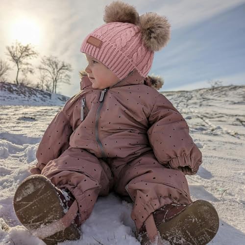 ZSTNPP 3 PCS Kids Winter Warm Beanie Hat Scarf Gloves Set Thermal Knit Crochet Thick Fluffy Toddler Scarf Double Pom Pom Bobble Hat With Faux Fur For Girls Boys Children Toddler Aged 3-8 Years Old