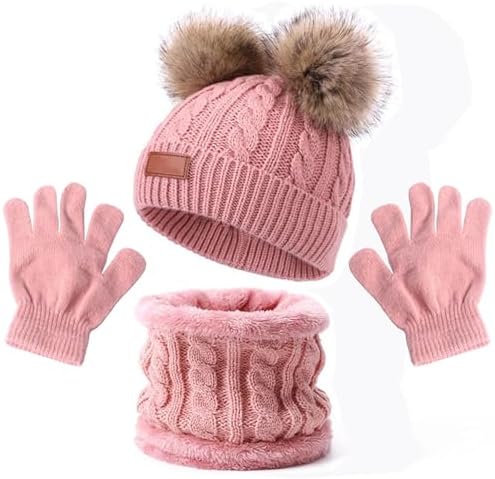 ZSTNPP 3 PCS Kids Winter Warm Beanie Hat Scarf Gloves Set Thermal Knit Crochet Thick Fluffy Toddler Scarf Double Pom Pom Bobble Hat with Faux Fur for Girls Boys Children Toddler Aged 3-8 years old