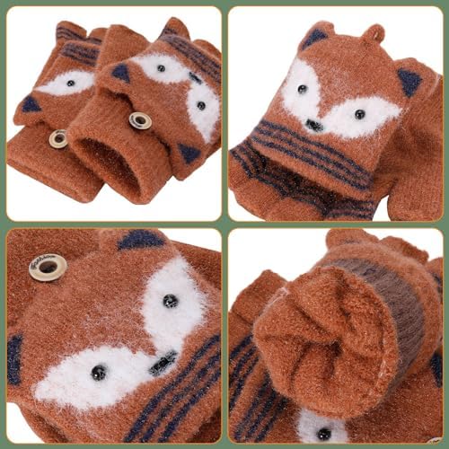 Zuimei 2 Pairs Kids Fingerless Gloves Winter Flip Top Gloves Kids Convertible Flap Cover Gloves Warm Knit Fingerless Mitten Cartoon Gloves For Boys Girls 3-6Y