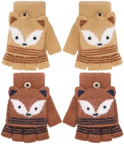 Zuimei 2 Pairs Kids Fingerless Gloves Winter Flip Top Gloves Kids Convertible Flap Cover Gloves Warm Knit Fingerless Mitten Cartoon Gloves for Boys Girls 3-6Y