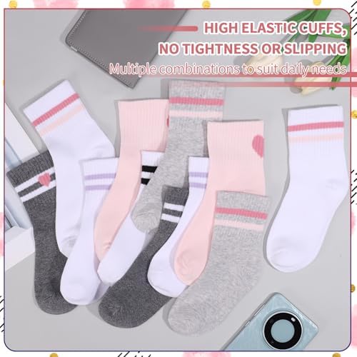 Zuimei 6 Pairs Kids Socks Junior Cotton School Sports Socks Crew Athletic Sock With Retro Stripes Hearts Casual Stretchy Sock For Girls And Boys 6-12 Years(Hearts Stripe)