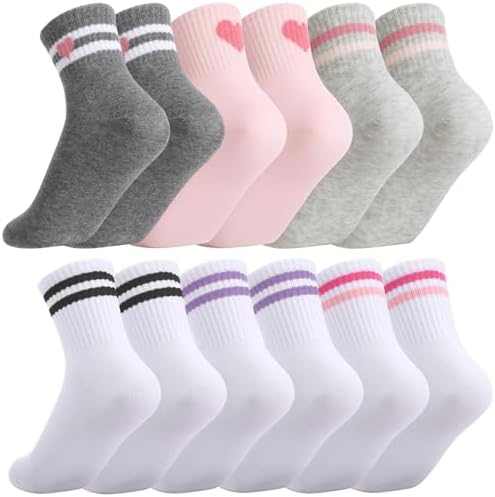 Zuimei 6 Pairs Kids Socks Junior Cotton School Sports Socks Crew Athletic Sock with Retro Stripes Hearts Casual Stretchy Sock for Girls and Boys 6-12 Years(Hearts Stripe)