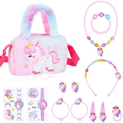 Zuimei Unicorn Jewellery Set for Girls - Crossbody Bag Handbag Bracelets Necklaces & More - Ages 2-8 Girls Birthday Presents