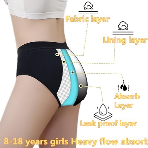 ZVZK Period Pants Heavy Flow Girls 30ML Absorb Cotton Knickers Briefs Underwear Mid Waist Hipster Menstrual Panties For Teenage 8-18 Years